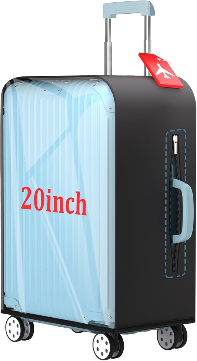 Upgraded Clear TPU Suitcase Cover Protector with Stretchable Black Sides, Fit 20 Inch Carry On Luggage TSA Approved, Waterproof & Anti-Scratch, Includes Free Red Luggage Tag