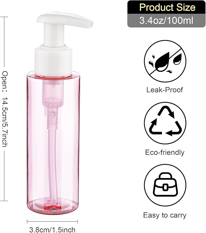 Travel Bottles Plastic Pump Bottle Dispenser TSA Approved 3.4oz/100ml 4 Pack Travel Refillable Shampoo and Conditioner Bottles Empty Travel Size Bottles for Cosmetic, Lotion, Liquid Soap (mixcolor)