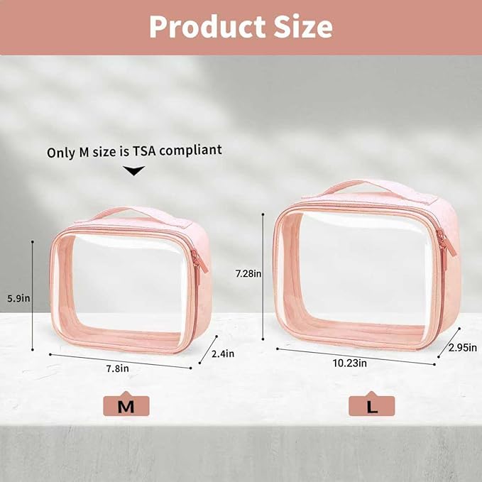 TSA Approved Travel Toiletry Bag,2 Pack Clear Makeup Bags with Handles,Quart Size Clear Cosmetic Bags for Traveling Women,Men,Carry on Airport Airline Compliant Bag,Pink