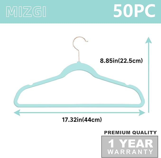 MIZGI Premium Velvet Hangers - Heavy Duty Non Slip Felt Hangers (50 Pack) - Aqua Blue & Rose Gold Hooks, Space Saving & Durable for Suits & Coats