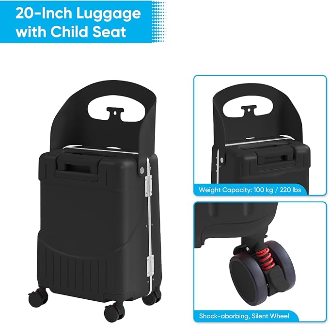 TABU 20" Ride-on Luggage with Seat For Kids & Adults，Carry On Hardshell Ride On Suitcase with 360° Lockable Spinner and TSA Lock, Black
