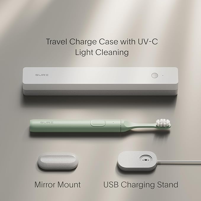 SURI Sonic Electric Toothbrush with UV Travel Case - 40-Day Battery- Designed in California - Electric Toothbrushes Adults - Slim Travel Tooth Brush