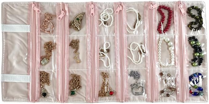 Travel Jewelry Roll Bag Portable Organizer Pouch With Grids&PVC Cover Storage Bags for Necklace, Bracelet, Bracelet,Ring, Badge, Pendant