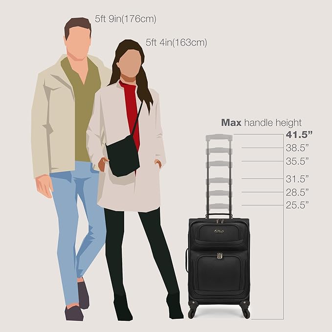 U.S. Traveler Lightweight Rolling 20" Carry On Luggage Softside Suitcase, Black, 4 Wheel
