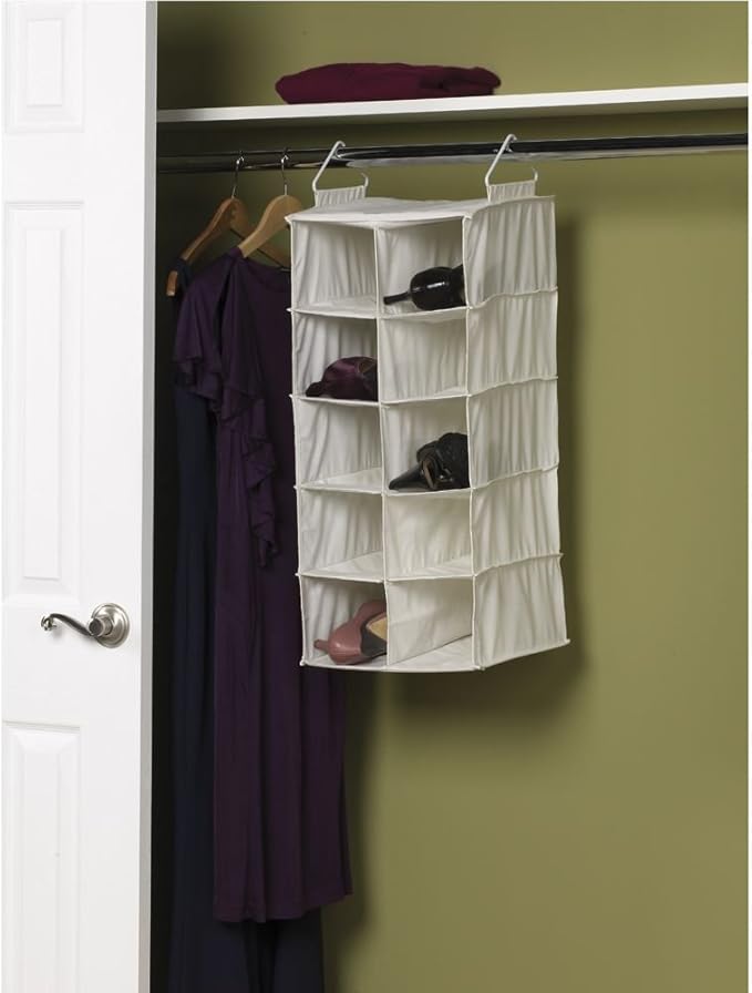 Household Essentials 311344 10 Pocket Hanging Shoe Storage Organizer for Closets | Natural Canvas