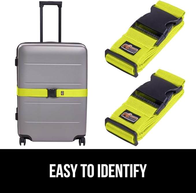 GORILLA GRIP Heavy Duty Adjustable Luggage Straps for Suitcases, Easy to Identify Travel Belt Connector Holds Suitcase Together, Extends Life of Bag, Strap Connects Two Bags, Accessories 2 Pack Yellow