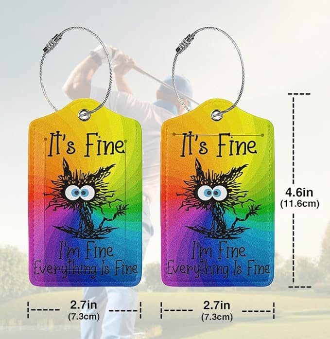 2 Pack Luggage Tags for suitcases Funny Cute Rainbow I'm Fine It's Fine Luggage Tag, Leather Stainless Steel Loop Label Tag for Men Women Travel Bag Suitcase(Rainbow Fine)