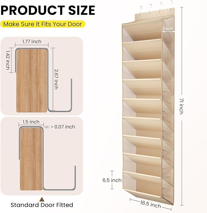 Over the Door Shoe Organizer for Closet, Shoes Rack with 10 Tier PVC Window Deep Pockets, Hanging Shoe Organizers for Boot Storage, Behind the Door Narrow Shoe Holder for Small Shoes, Beige