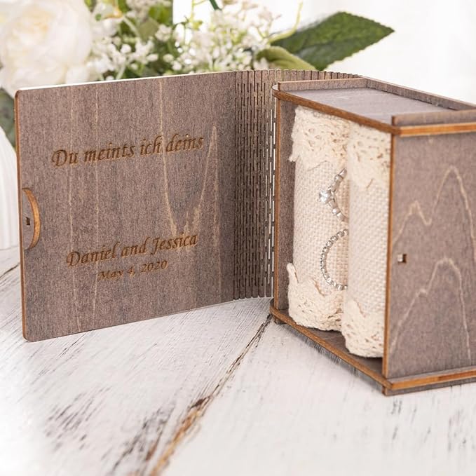 Personalized Double Ring Box – Rustic Wooden Engagement & Wedding Ring Holder with Wedding Ring Bearer Pillow - Engraved Proposal Jewelry Case Gift