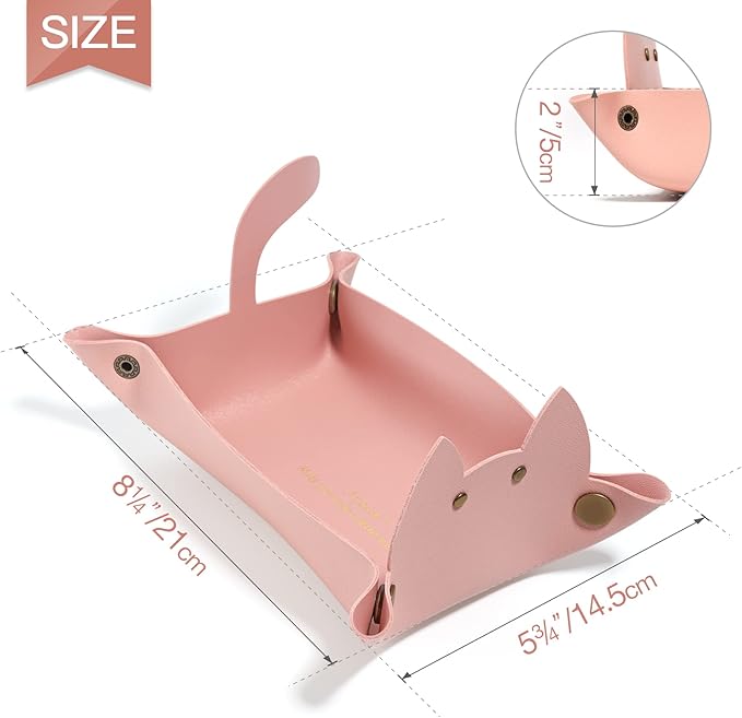 Cute Cat Shaped Leather Valet Tray,Cat Dice Tray,Premium Catchall Jewelry Tray, Folding Portable Travel Organizer,Decorative Desk Organizer for RPG Game Players, (Pink)