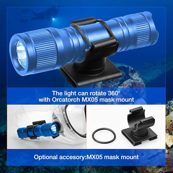 ORCATORCH D560 Mini Scuba Dive Light Headlamp 650 Lumen Mask Diving Flashlight with 360° Rotatable Mask Clip, Underwater 150m Backup Headlight with Rotary Switch (Not Included Snorkel Mask) (Blue)