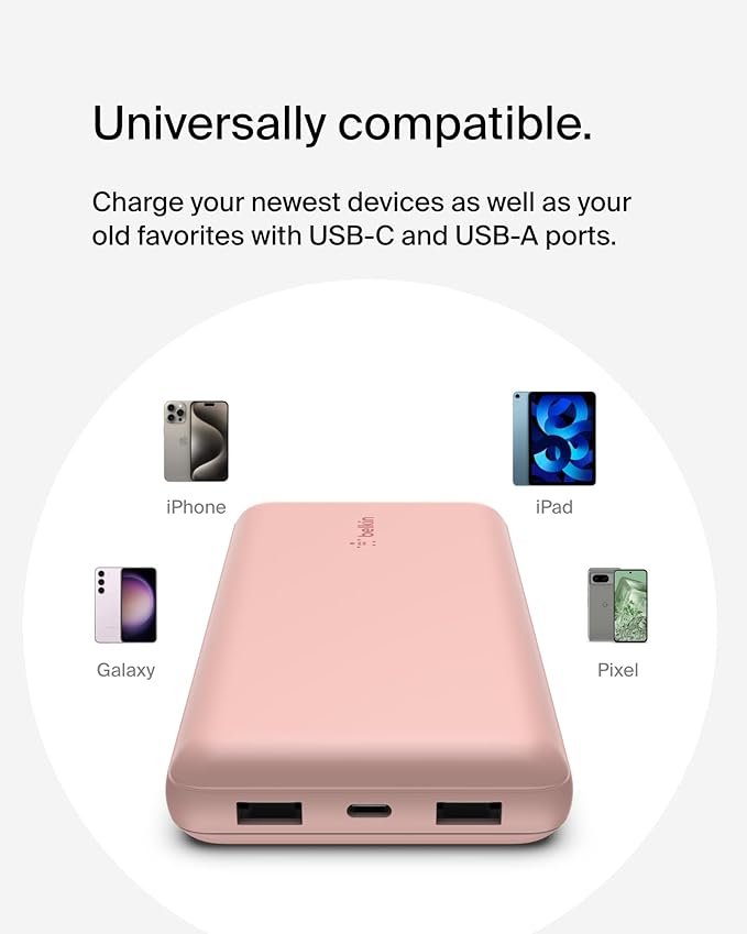 Belkin Portable Charger, USB C Power Bank 20000 mAh w/ 1xUSB-C Port & 2xUSB-A Ports, 15W w/ Type-A to Type-C Cable for iPhone 16, Plus, Pro, Max, Samsung Galaxy S25, Google Pixel 10, etc. - Rose Gold