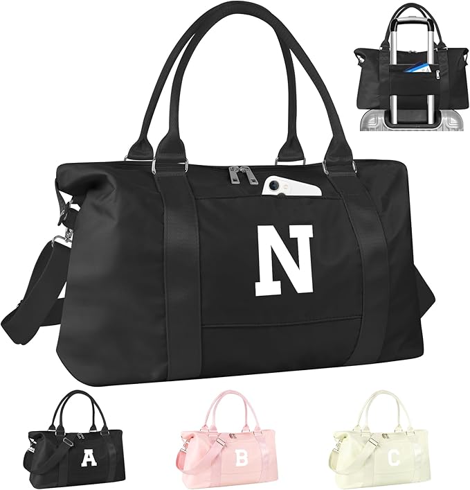 Initial Travel Duffel Bag Sports Gym Bag for Boys Teen Birthday Gifts,Black Personalized Weekender Bag Carry On Tote Bags for Men,Waterproof Overnight Luggage Bag Airplane Travel Essentials(Letter N)