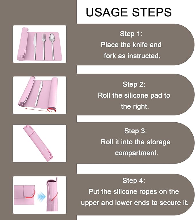 Utensil Box, Tableware Silicone Portable Box Silverware mat, Suitable for Kitchen Utensils, Portable Outdoor Camping Spoon Fork Utensils Storage mat (Pink)