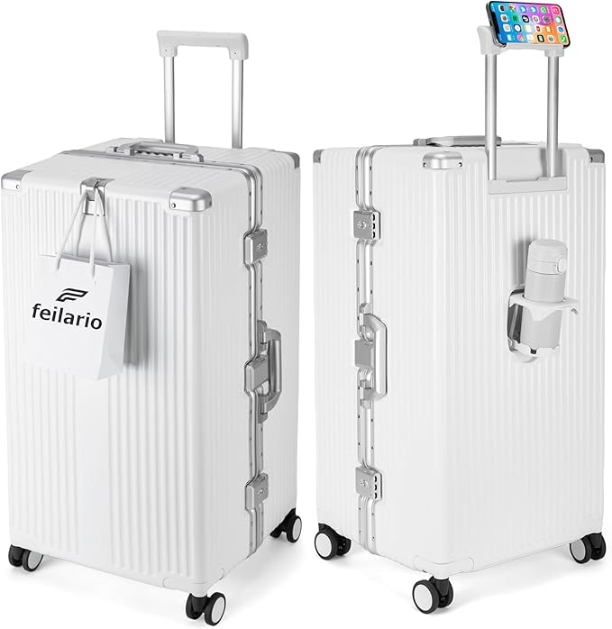 feilario 26in Super Large Captain Aluminum Frame Hardside Spinner Wheels Luggage, Zipperless Checked Suitcase with Cup Holder/Phone Holder