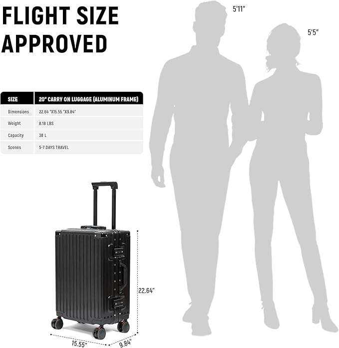 UrbanExplorer 20 Inch Carry On Luggage Aluminum Frame Airline Approved, Zipperless Luggage Carry On TSA Approved ABS+PC Hard Shell Suitcases, Lightweight Carry-On Suitcase with Cup Holder, Black