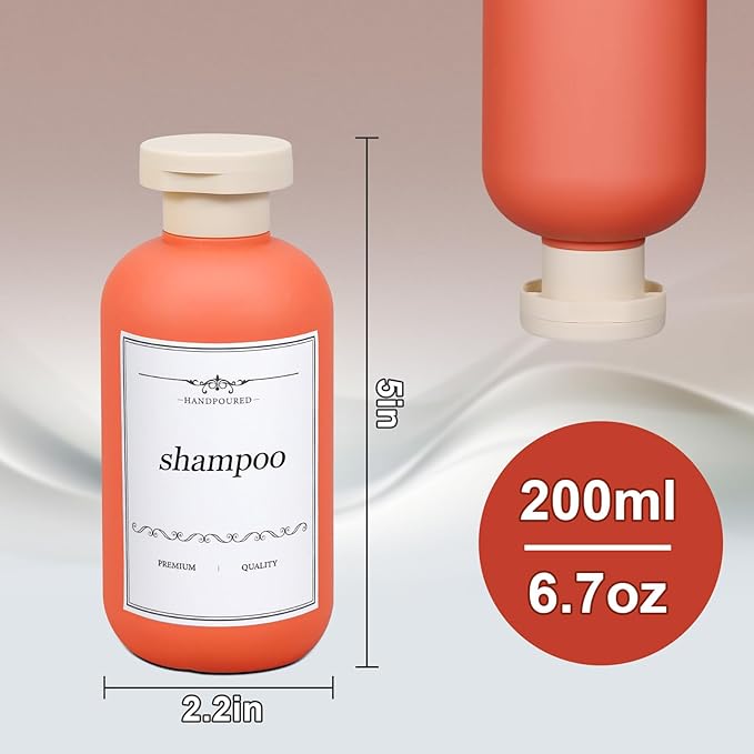 ASEVAT 6.7oz Plastic Refillable Travel Shampoo Bottles, Empty Travel Shampoo and Conditioner Bottles Reusable, Travel Size Shampoo Bottle, Hand Soap Dispenser for Vacation, Gym, Home(Orange)