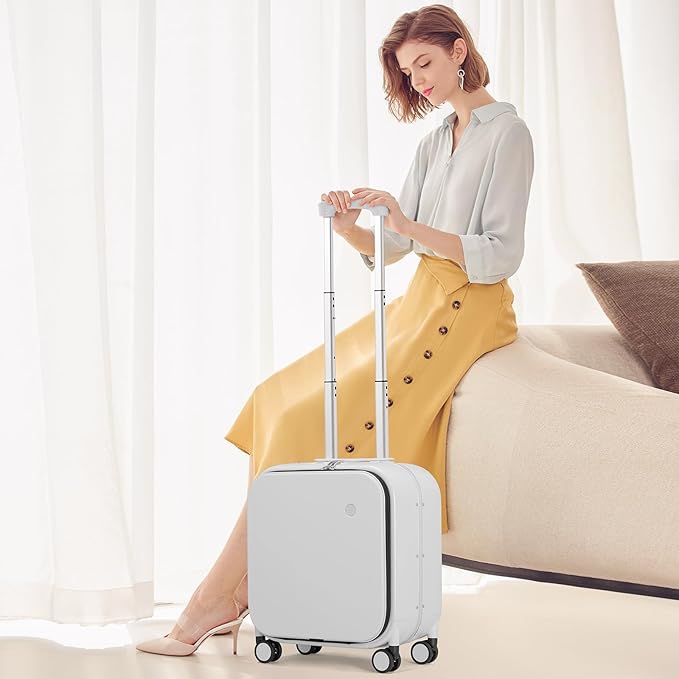 mixi Carry On Luggage, 18” Suitcase with Front Laptop Pocket, Travel Luggage Aluminum Frame PC Hardside with Spinner Wheels & TSA Lock and Cover (Not for Underseat), Smoke White