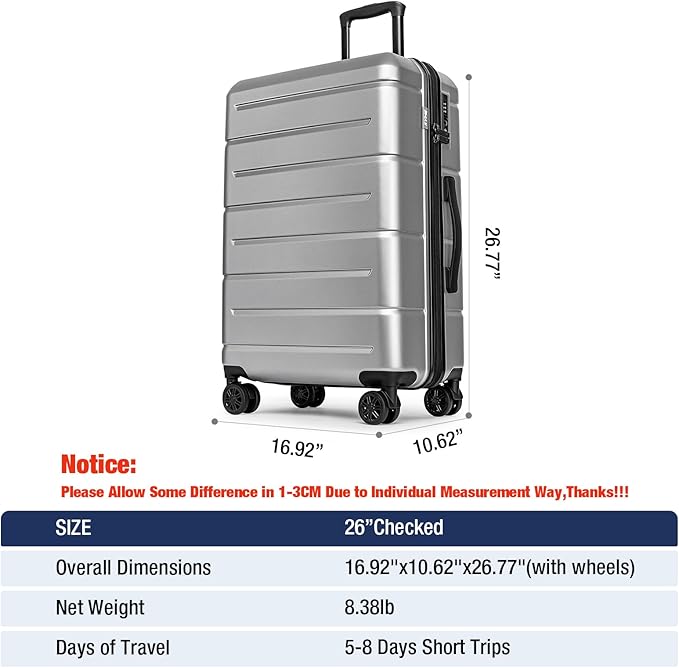 KYME Suitcases with Wheels Hardshell 26 Inch Luggage with TSA Lock Durable Medium Checked Travel Rolling Luggage with Cup Holder for Women Men Silver Grey