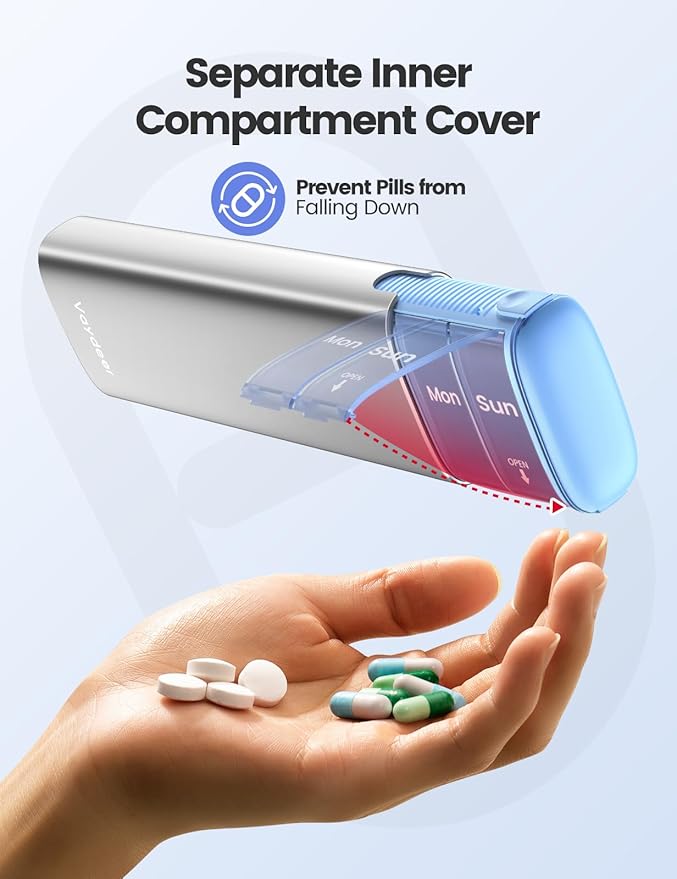 Vaydeer Metal Travel Pill Organizer, 7 Day Weekly Pill Box, Large Capacity Daily Cute Pill Case for Supplements, Pills, Vitamins and Medication (Small,Sliver)