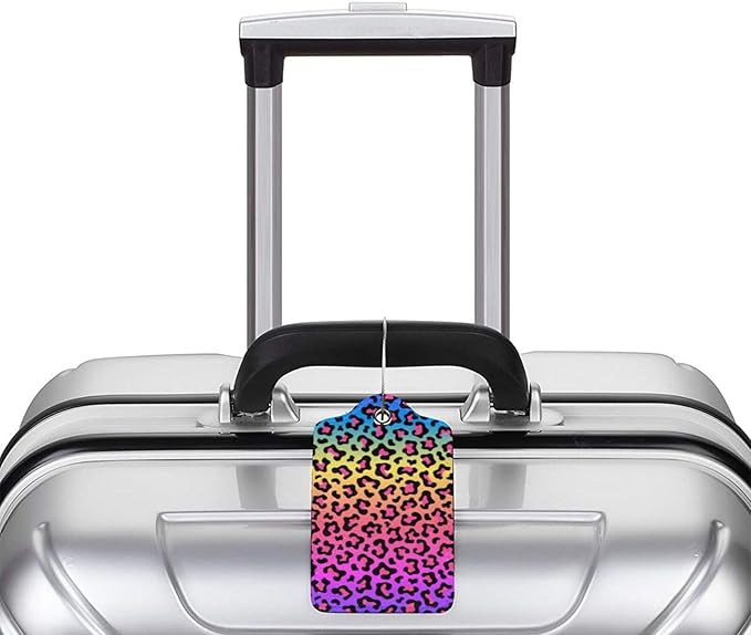 Rainbow Leopard Print 2 Pack Luggage Tags for suitcases Cute Color Leopard Luggage Tag, Leather Stainless Steel Loop Label Tag for Men Women Travel Bag Suitcase（Leopard）