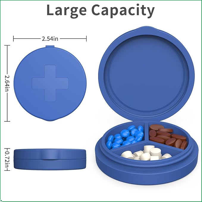 2 Pack Small Pill Box,3 Compartment Round Silicone Travel Pill Box for Purse Pocket, Waterproof Portable Compact Medicine Holder for Vitamin, Cod Liver Oil, Supplement(Purple+Blue)