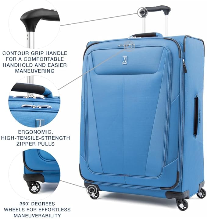 Travelpro Maxlite 5 Softside Expandable Checked Luggage with 4 Spinner Wheels, Lightweight Suitcase, Men and Women, Azure Blue, Checked Large 29-Inch
