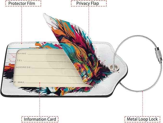 Colorful Lion in Pop Luggage Tags for Suitcases,Leather Bag Tags for Backpacks Handbag Instrument with Name ID Label Travel Essentials Baggage Tags 2 Pack