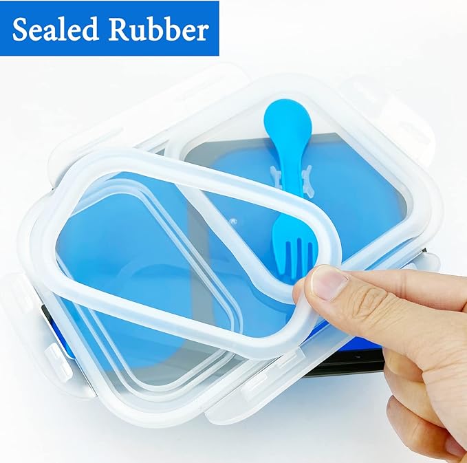2 Compartments Collapsible Airtight Bento Box with Ideal Portion 600ml & 450ml and 2 in 1 Spoon & Fork, Food Grade Silicone Lunch Container for Adults Work Travel, Microwave Safe