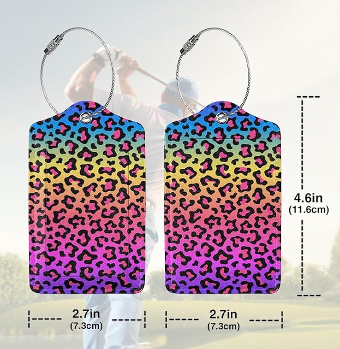 Rainbow Leopard Print 2 Pack Luggage Tags for suitcases Cute Color Leopard Luggage Tag, Leather Stainless Steel Loop Label Tag for Men Women Travel Bag Suitcase（Leopard）
