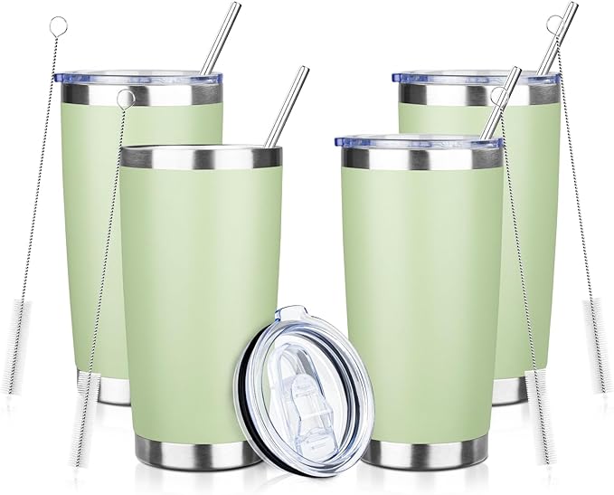 20oz Tumbler with Straw and Brush, Stainless Steel Vacuum Insulated tumbler, Double Wall Insulated Coffee Tumbler for Outdoor, Home, Travel,Office (20 cup-Matcha Green,4pcs)
