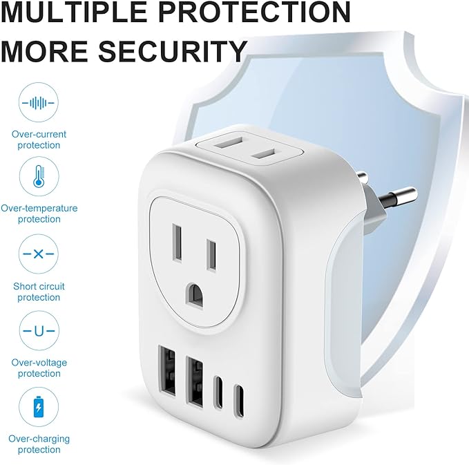 European Travel Plug Adapter, International Plug Adapter with 2 AC Outlets 4 USB Ports(2 USB C), Type C Europe Power Plug Charger for US to Europe EU France Spain Germany Iceland Italy