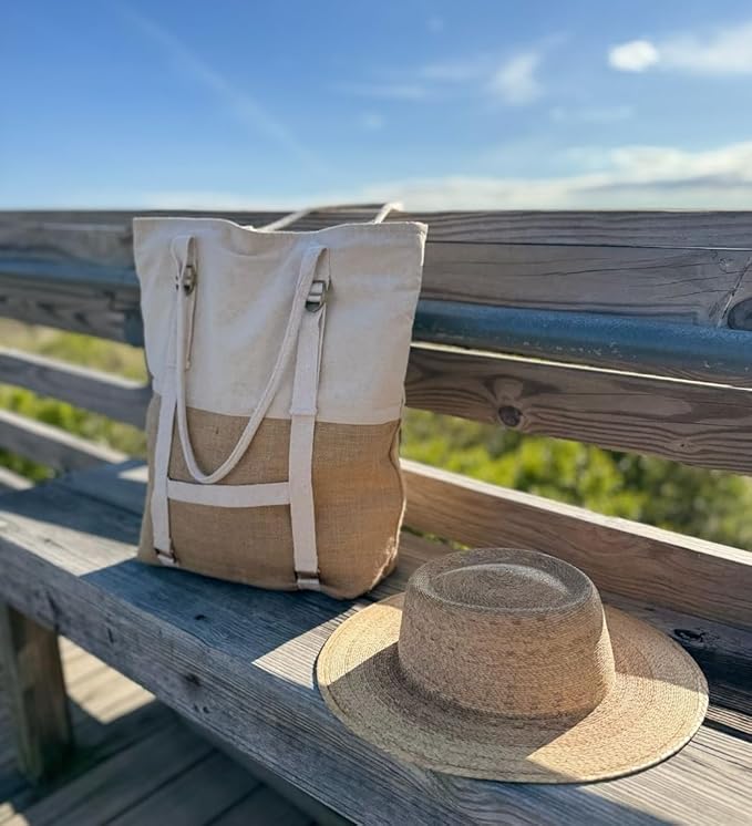Large Beach Tote Bag with Hat Holder Straps, Womens large beach bag- Vation beach Tote