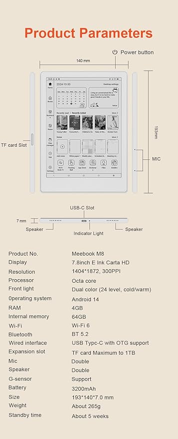 Meebook E-Reader M8 | 7.8' Eink Carta Screen | 300PPI Smart Light | Android 14 | Octa Core Processor | Dual Mics&Speakers | Support Play Store | Hand Writing | 4GB+64GB | Micro-SD Slot | White