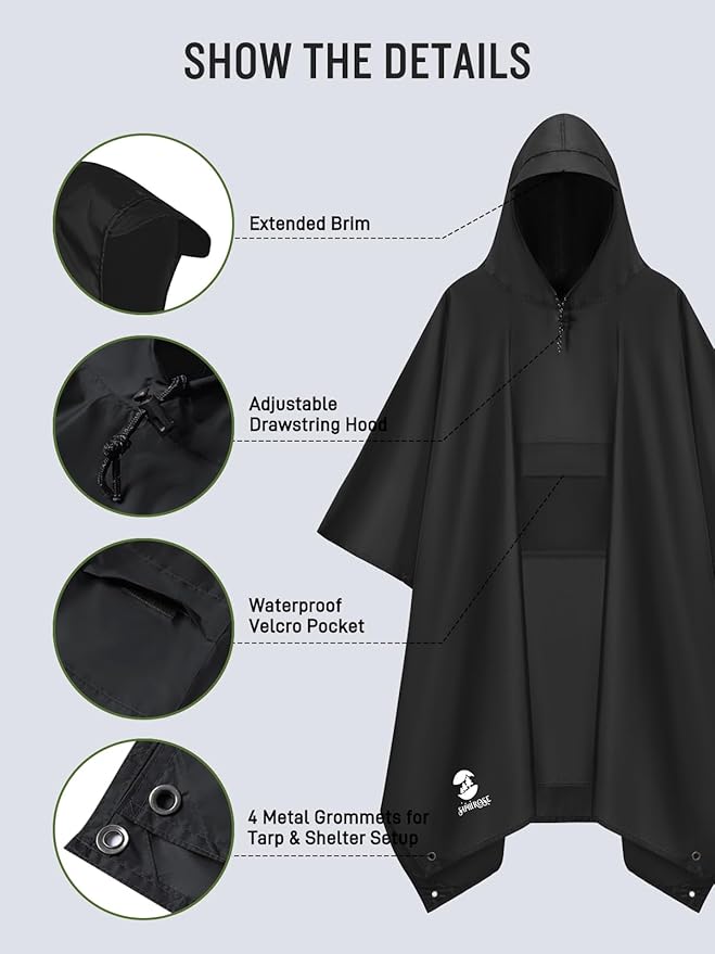 SaphiRose Extra Thick Hooded Rain Poncho Double Layer Waterproof Raincoat Jacket for Men Women Adults