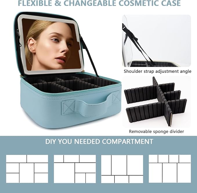 Travel Makeup Bag for Women and Makeup Artists Cosmetic Organizer Large Makeup Case,Travel Makeup Bag with Mirror 3 Color Setting,Portable Storage and Adjustable Dividers(baby blue)