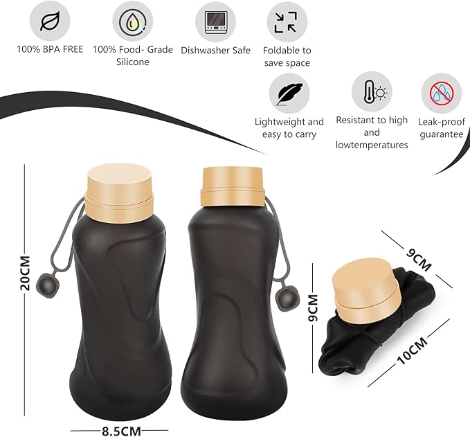 Collapsible Water Bottles 2 Pack,Leak Proof,Reuseable BPA Free Silicone Foldable Water Bottles,Durable Lightweight for Travel Gym Camping Hiking,Compact Size Portable Sports Water Bottle (Black&Blue)