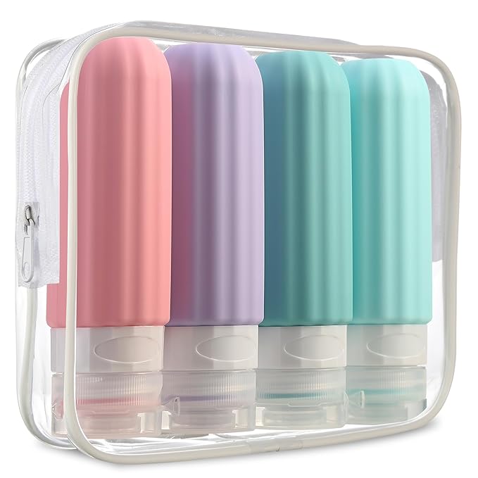 Travel Bottles for Toiletries, TSA Carry On Approved Toiletries Containers, 3 Ounce Leak Proof Squeezable Silicone Tubes, Refillable Accessories Shampoo Body Wash Liquids (4 Pack), Pink