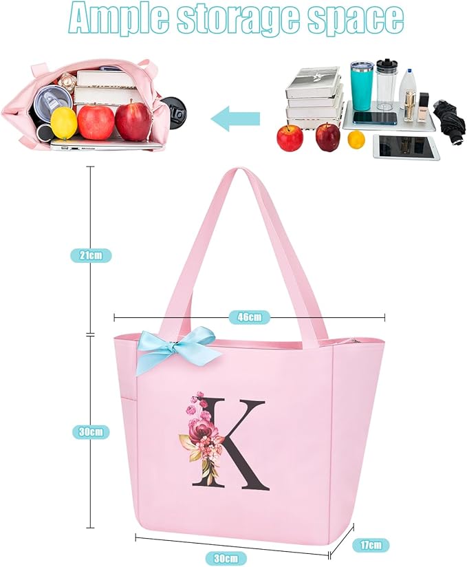 Vavabox Tote Bag, A-Z Initial Monogrammed Waterproof Tote Bag, Bridesmaid Gifts for Women, Black and Pink