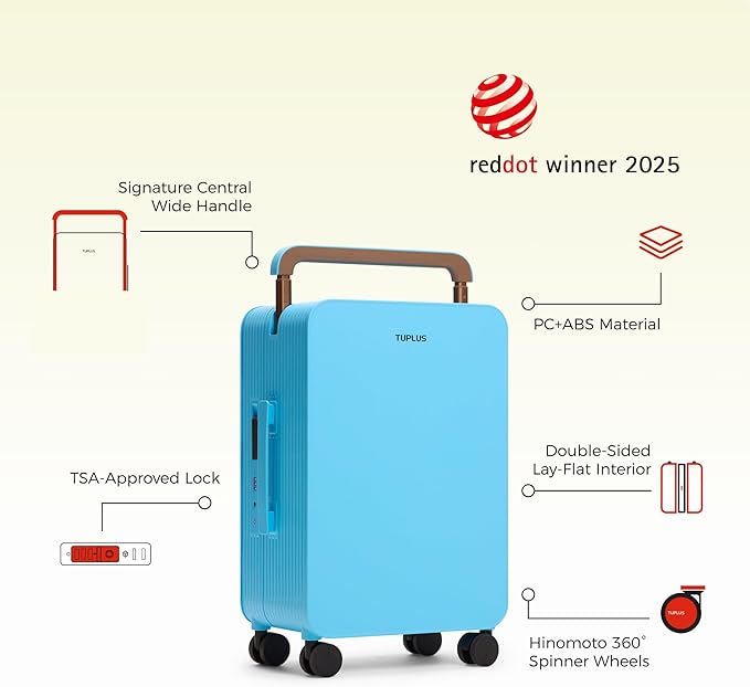 TUPLUS 20” Carry-On Hardside Luggage Lightweight ABS Travel Suitcase with Wide Handle Spinner Wheels TSA Combination Lock, Balance Series 2.0, Clear Sky Blue