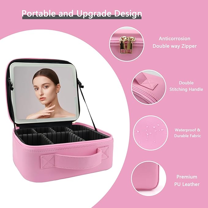 Makeup Bag with Led Mirror,Travel Makeup Organizer with 3 Color Setting & 10X Magnifying Mirror, Portable Storage and Adjustable Dividers Travel Makeup Bag-Dark Pink