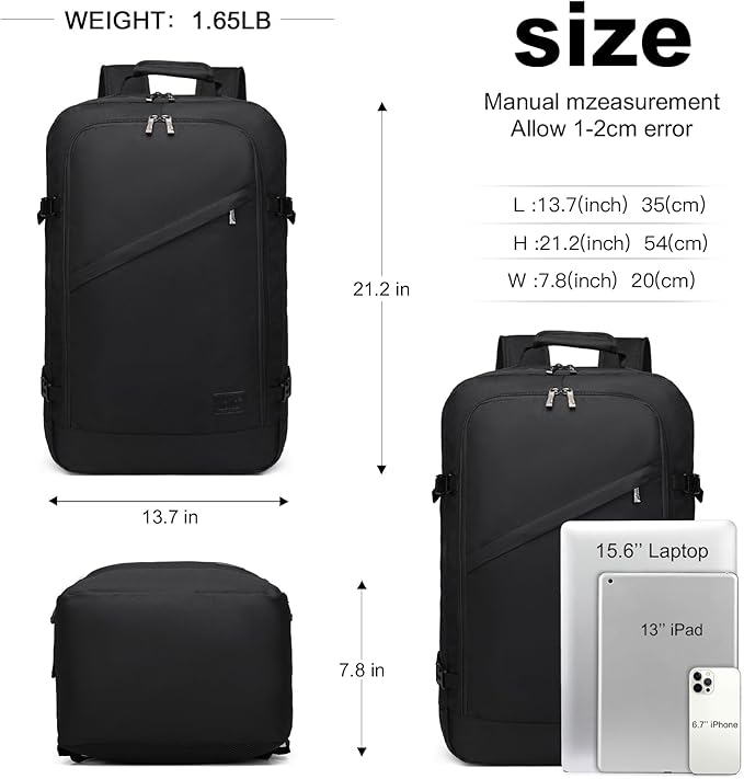 Kono Carry on Backpack, 22" Airplane Approved Travel Backpack for Men and Women, Waterproof Lightweight Daypack for Flight 40L (Black, Large)