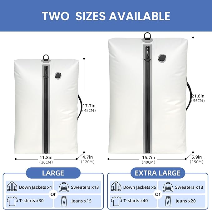 BAGAIL TPU Vacuum Bag for Travel, Reusable Compression Bag with IPX8 Waterproof Zipper, Save Space for Suitcase, Backpack and Carry on (White, ExtraLarge, With Pump)