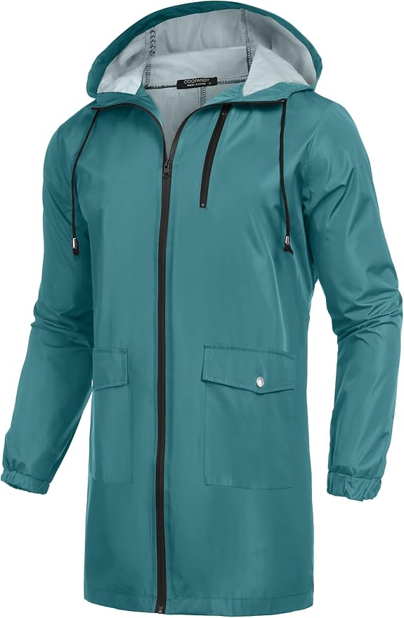 COOFANDY Men's Long Raincoat Ligtweight Rain Jacket Waterproof Outdoor Jackets with Hood