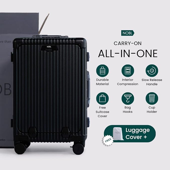 Nobl Travel Carry On Luggage, Noble Zipperless Aluminum Frame PC Hard Shell Suitcase, 20.8"x15"x8.7" Airline Approved, 360° Spinner Wheels, TSA Locks, USB Charging Port, Cup & Phone Holder - Black