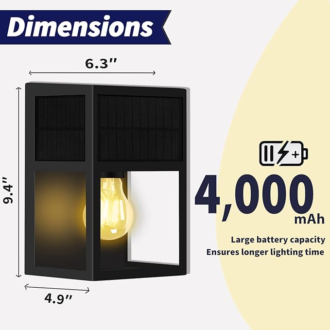Outdoor Solar Wall Lights, High Brightness Waterproof Lanterns, Porch LED with Stainless-Steel & Tempered Glass, Black Sconce for Door Entryway, Garage, Patio, Yard, Warm White 2Pk