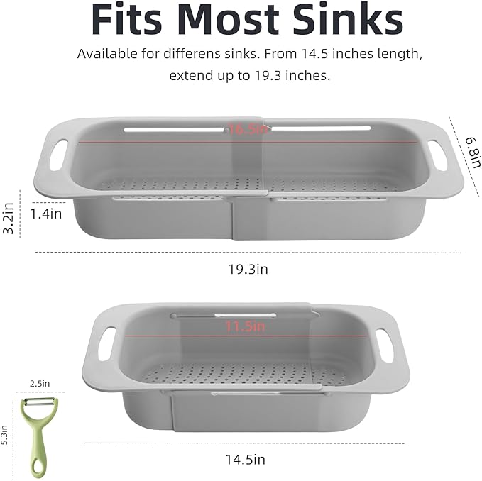 Extended Long Over the Sink Colander, Wash Vegetables Fruits Collapsible Colander Strainer, 14.5"-19.3" Extendable Kitchen Sink Accessories for Dishes Drying, Vegetable Basket, with Peeler