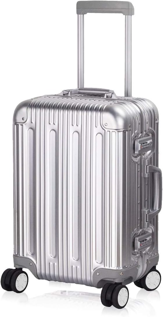TRAVELKING All Aluminum Carry On Luggage with TSA Locks Fashion Cool Metal Hard Shell Spinner Suitcase (Silver, 20 Inch)…