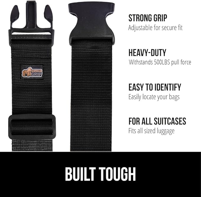 GORILLA GRIP Heavy Duty 4 Pack Adjustable Luggage Straps for Suitcases, Easy to Identify Travel Belt Connector Holds Suitcase Together, Extends Life of Bag, Strap Connects Two Bags, Accessories, Black