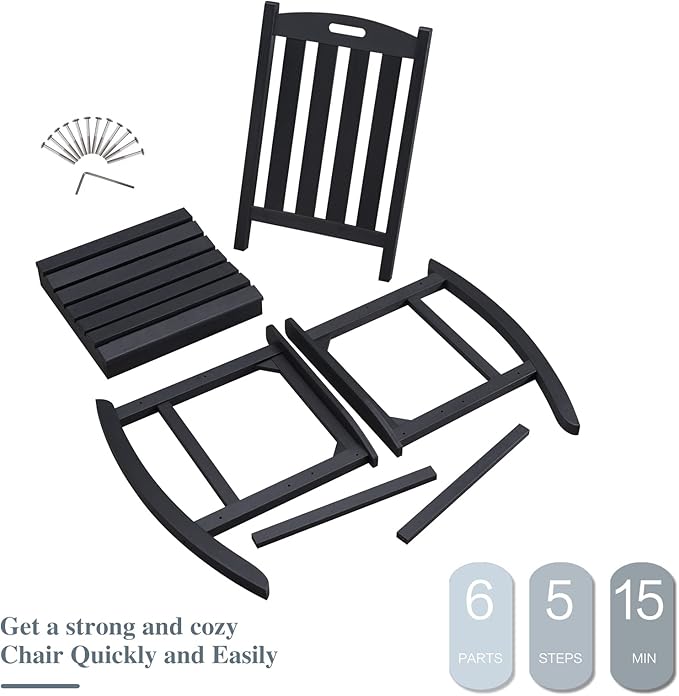 Psilvam Oversized Outdoor Rocking Chair, with 21" Wide Seat and 32" Tall Backrest, Pre-Assembled with Most Components for Effortless Installation (Carbon Black)